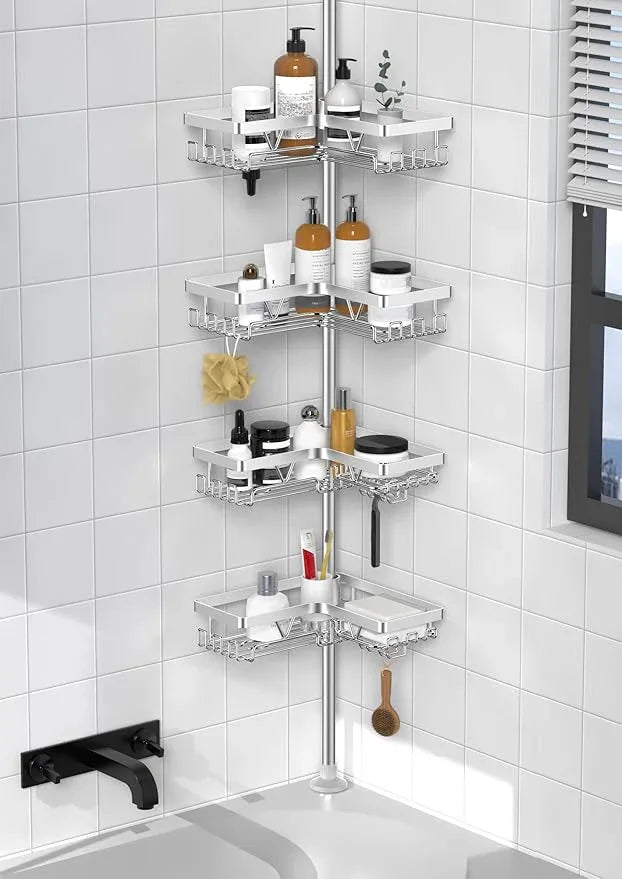 KEGII SUS304 Corner Shower Organizer, Stainless Steel Tension Pole Corner Bathroom Caddy, No Drilling Required Adjustable Shower Shelf for Inside Showers, Silver - ModernBath