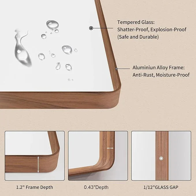 LOAAO 48X32 Inch Bathroom Mirror with Wood Grain Colored Metal Frame, Rounded Rectangle Metal Framed Bathroom Mirror, Anti-Rust, Hangs Horizontally or Vertically, Tempered Glass - ModernBath