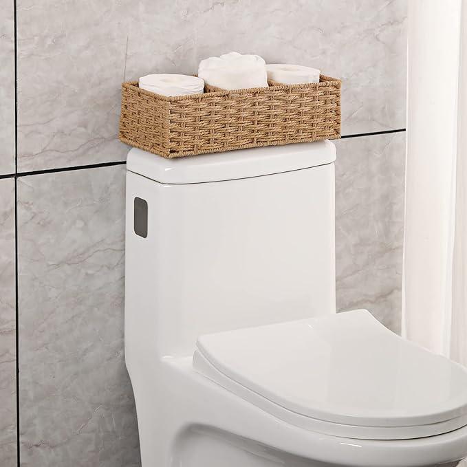 Vagusicc 3-Section Wicker Baskets for Shelves, Hand-Woven Round Paper Rope Wicker Storage Basket, Toilet Paper Basket for Toilet Tank Top, Baskets for Organizing, 2-Pack - ModernBath