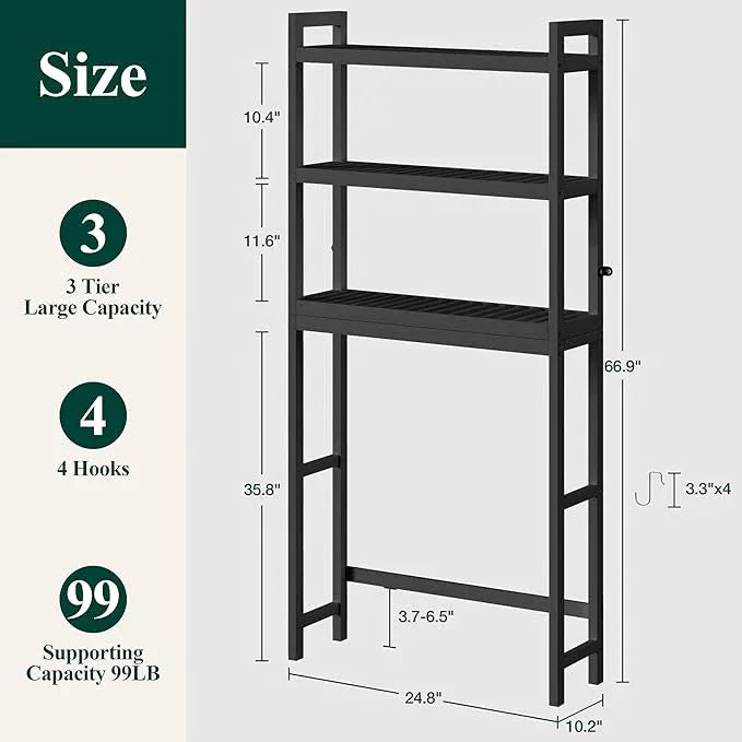 Smiry Over The Toilet Storage Cabinet, 3-Tier Bamboo Bathroom Organizers with Adjustable Shelf & 4 Hooks, Space Saving Shelf Rack for Bathrooms, Laundry Room, Balcony, Black - ModernBath