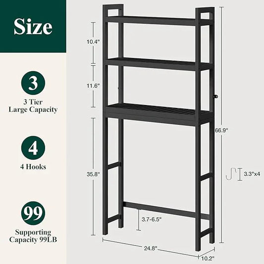 Smiry Over The Toilet Storage Cabinet, 3-Tier Bamboo Bathroom Organizers with Adjustable Shelf & 4 Hooks, Space Saving Shelf Rack for Bathrooms, Laundry Room, Balcony, Black - ModernBath