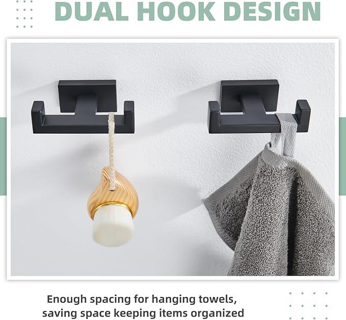 APLusee Double Bath Towel Hook 2 Pack, 304 Stainless Steel Square Dual Coat Holder, Modern Bathroom Kitchen Storage Hanger Wall Mounted, Matte Black - ModernBath
