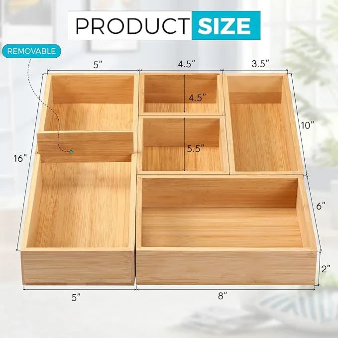 Fabsome Bathroom Drawer Organizer, Bamboo Box Bin for Junk Vanity Desk Makeup Drawer, Small Wooden Container Tea Storage Organization Tray for Kitchen Office, Set of 5 - ModernBath