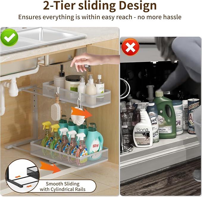 Under Sink Organizer 2 Pack, 2-Tier Slide Out Cabinet Organizer with Metal Sliding Drawer and Hooks, Pull Out Storage Baskets for Kitchen Bathroom Pantry Cabinet Organization (grey) - ModernBath