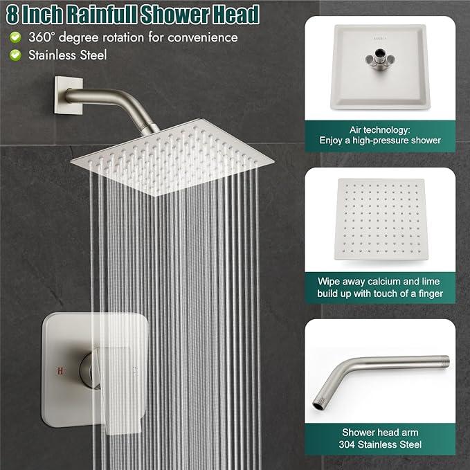 Heyalan 8 Inch Shower Head and Handle Set Square Shower Faucet Set Bathroom Rainfall Shower Faucet Set Stainless Steel Showerhead Single Function Shower Trim Kit,Male Thread Valve,Brushed Nickel - ModernBath