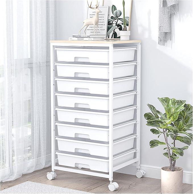 Rolling Storage Cart with Drawers,Utility Cart With 8 Drawers and Wooden Tabletop,Rolling Drawer Cart,Storage Drawer Cart for Living Room,Classroom,Bedroom,Bathroom,Dorm,Office,White - ModernBath