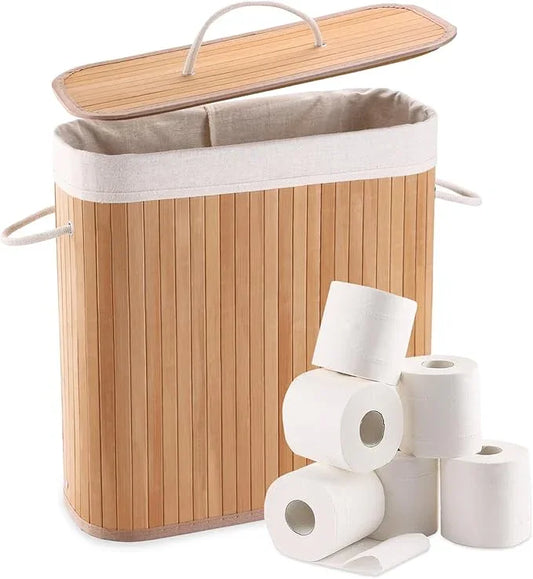 Bamboo Toilet Paper Storage with Lid & Handel, 8 Gallons (30L), Sturdy Toilet Paper Basket, Organizer for Bathroom, Kitchen, Holder with Storage, Natural - ModernBath