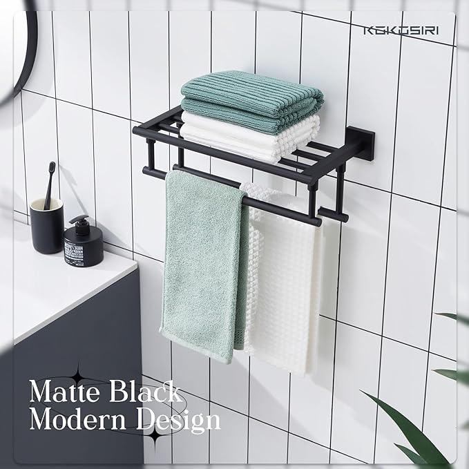 KOKOSIRI Bath Towel Rack with Double Towel Bars 16-Inch Bathroom Towel Shelves Towel Holder Wall Mounted Stainless Steel, Matte Black, B6005BK-L16 - ModernBath