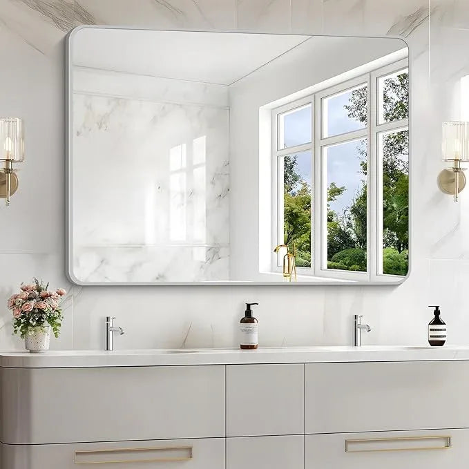 CIVENO 48x36 Inch Silver Bathroom Mirror, Large Rectangular Vanity Mirror, Metal Framed Rectangle Mirrors, Rounded Corner Wall Mounted Mirrors for Living Room Bedroom Entryway Horizontal or Vertical - ModernBath