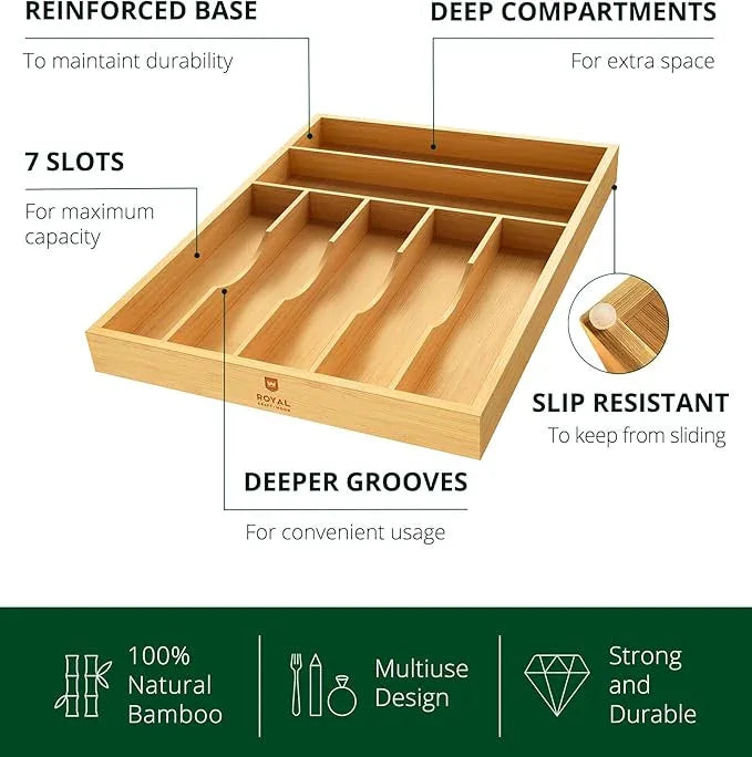 ROYAL CRAFT WOOD Luxury Bamboo Utensil Rack and Silverware Organizer, Kitchen Drawer Organizer - Utensil Holder and Cutlery Tray with Grooved Drawer Dividers for Flatware 7 Slot, Natural - ModernBath