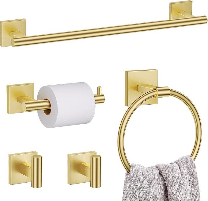 5 Pieces Bathroom Hardware Set Brushed Gold Towel Bar Set Includes 23.6” Towel Bar, Towel Ring Holder, Toilet Paper Holder and Two Towel Hooks, Bathroom Accessories Set SUS304 Wall Mounted - ModernBath