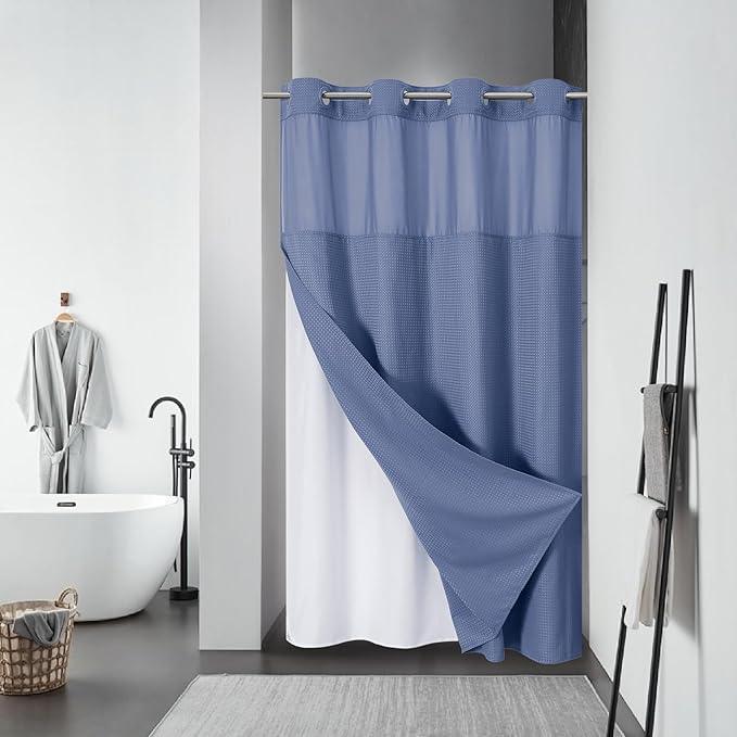 eachope MoonLightBlue No Hook Waffle Weave Shower Curtain with snap-in Liner Replacement, 230GSM Waterproof Fabric Hotel Shower Curtain Set for Bathroom, Through Mesh Top Window,54Wx80H - ModernBath