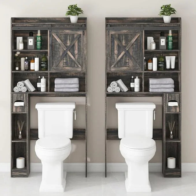 Over The Toilet Storage Cabinet, Farmhouse Storage Cabinet Over Toilet with Sliding Doors & Toilet Paper Holder Stand，Home Space-Saving Toilet Rack, for Bathroom, Laundry(Dark Grey) - ModernBath