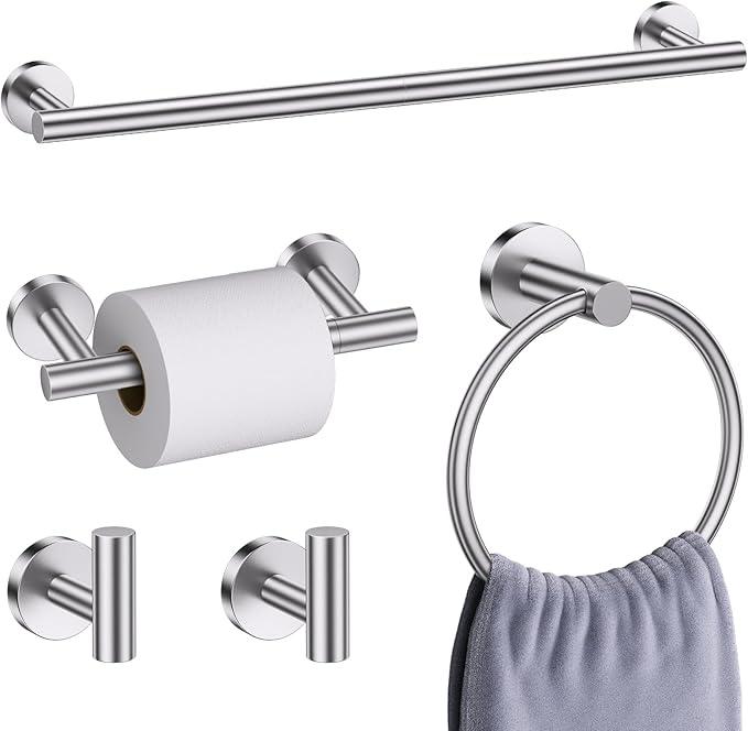 Brushed Nickel Bathroom Hardware Accessories Set, 5 Pieces Round Towel Bar Set Toilet Paper Holder Towel Rail Set for Bathroom Stainless Steel Wall Mounted Bathroom Set,23.6 in - ModernBath