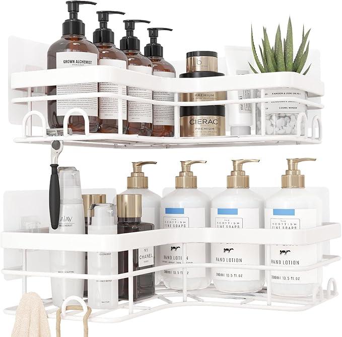 Corner Shower Caddy - 2 Pack, Adhesive Shower Organizers, Rustproof Stainless Steel Shower Shelves with 8 Hooks, No Drilling Bathroom Organizers and Storage Racks, Space-Saving, White, X-Large - ModernBath