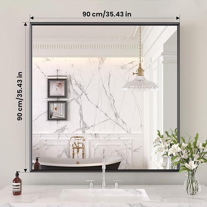 LOAAO Black Bathroom Mirror 36"X36" for Wall, Rectangle Bathroom Vanity Mirror, Tempered Glass, Hangs Vertically or Horizontally, Easy to Install, Modern Design - ModernBath
