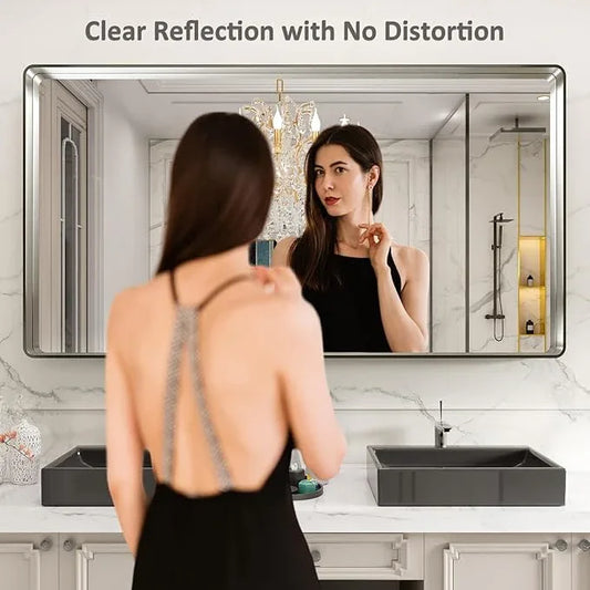 LOAAO 72X32 Inch Brushed Nickel Bathroom Mirror, Rounded Rectangle Silver Metal Frame Mirror, Brushed Nickel, Anti-Rust, Shatter Proof, Hangs Horizontally or Vertically - ModernBath