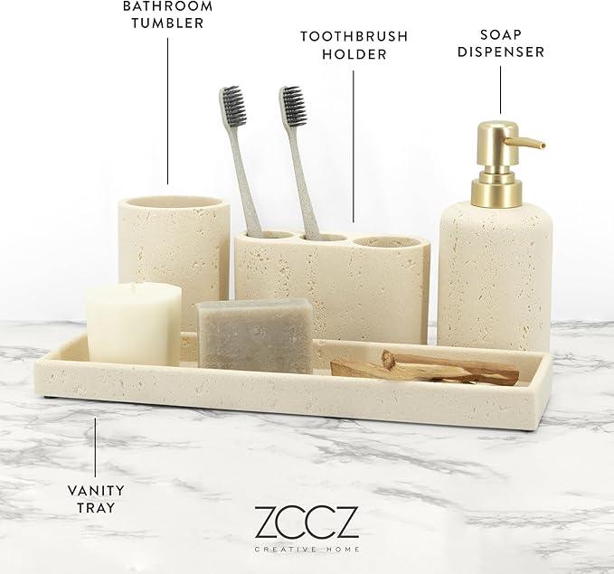 ZCCZ -Beige Bathroom Accessories Set 4 Pcs - Toothbrush Holder, Soap Dispenser, Vanity Tray, Bathroom Tumbler - Countertop Vanity Organizer - Bathroom Accessory Set- Toothbrush Holder Set, Stone Sets - ModernBath