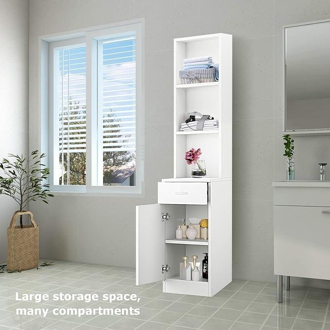 BNSPLY Tall Bathroom Cabinet, Narrow Slim Linen Cabinet with 3 Tier Open Shelves and Drawer, Free Standing Linen Tower for Bathroom, Living Room, Kitchen (White 13.4" W x 13" D x 70" H) - ModernBath