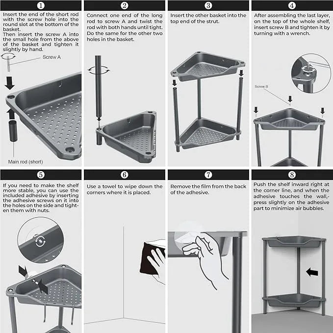 ODesign 2 Tier Floor Standing Corner Shower Caddy Organizer Plastic Metal Splicing Shelf Storage Rack for Bathroom Grey - Rustproof - ModernBath
