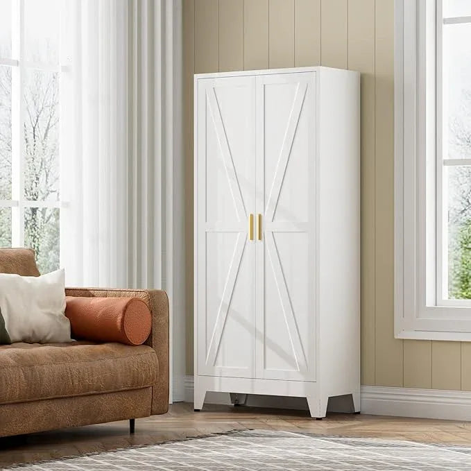 COFaR White Farmhouse Storage Kitchen Pantry Cabinet with 2 Barn Door, 3 Adjustable Shelves and Legs, for Cupboard/Dining Room/Bathroom/Living Room/Office/Laundry Room (White, 61" Farmhouse) - ModernBath