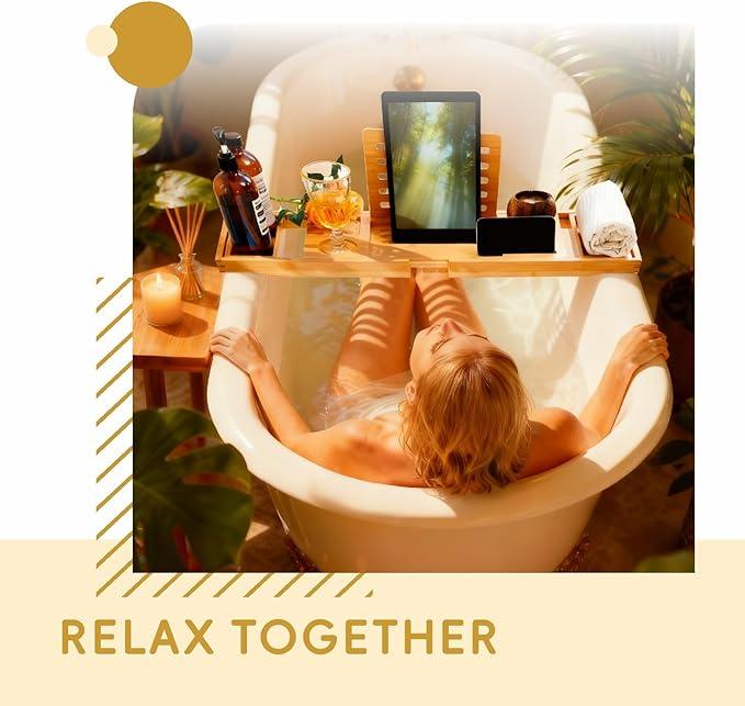 Premium Foldable Bamboo Bathtub Tray Caddy, Expandable Bath Caddy Tray with Holder, Natural Bath Shelf Over Tub, Spa Bathroom Accessories & Gifts for Home - ModernBath