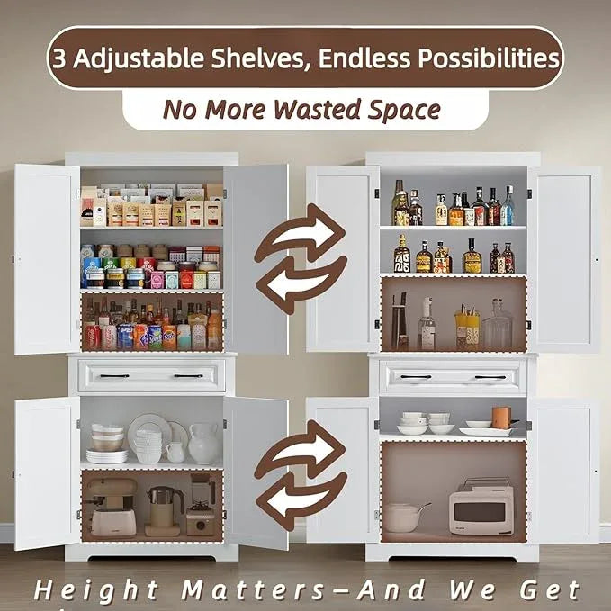 72" Tall Kitchen Pantry Cabinet, White Wooden Storage Cabinet with Drawer, Adjustable Shelves & Anti-Tip Device, Freestanding Bathroom Storage Cabinet, Pantry Cabinets for Kitchen Storage - ModernBath