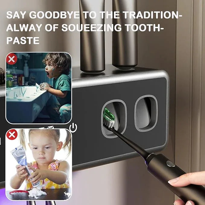 POPZJXDM Toothbrush Holders for Bathrooms,Electric Toothbrush Holder Wall Mounted - 6 Brush/3 Cup,Automatic Toothpaste Dispenser & Hot Dry,Smart Cleaning,Bathroom Storage Upgrade (Black) - ModernBath