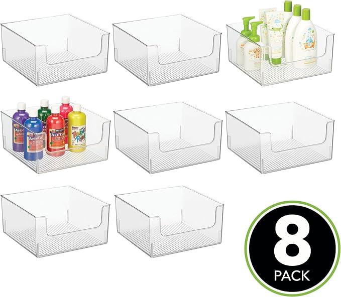 mDesign Plastic Modern Wide Open Front Dip Storage Organizer Bin Basket for Household Organization - Shelves, Cubby, Cabinet, and Closet Organizing Decor - Ligne Collection - 8 Pack - Clear - ModernBath