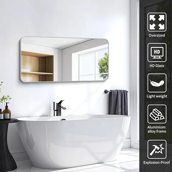 CIVENO 48x24 Inch Silver Bathroom Mirror, Metal Framed Silver Rectangle Mirror, Rounded Rectangular Vanity Mirror, Wall Mounted Mirrors for Living Room Bedroom Entryway Hangs Horizontal or Vertical - ModernBath
