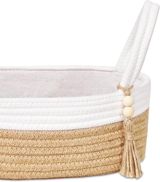 ABenkle Small Storage Basket for Toilet Tank Top - Jute Rope Woven Organizer with Handle, Boho Countertop Bathroom Decor, Toilet Paper Holder, 13x6x4 Inch - ModernBath