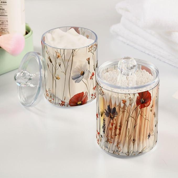 Tatenale Qtip Holder Bathroom Set Q tip Cotton Ball Swab Pad Dispenser Container Organizer Plastic Jars with Lids Storage 2Pack Beige Wild Flowers - ModernBath