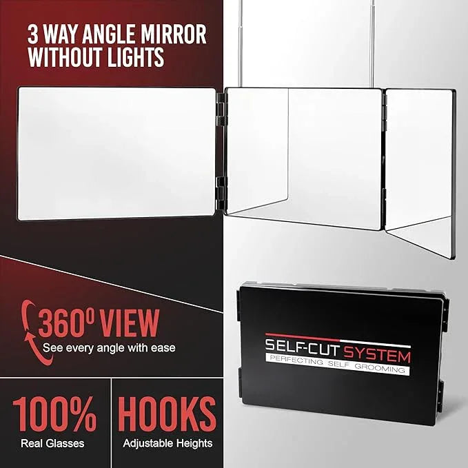 Self-Cut System 3 Way Barber Mirror with Height Adjustable Hooks, 360 Trifold Self Cut Mirror for Haircuts for Men and Women, Travel-Friendly, Three-Way Design for Easy Grooming & Styling - ModernBath