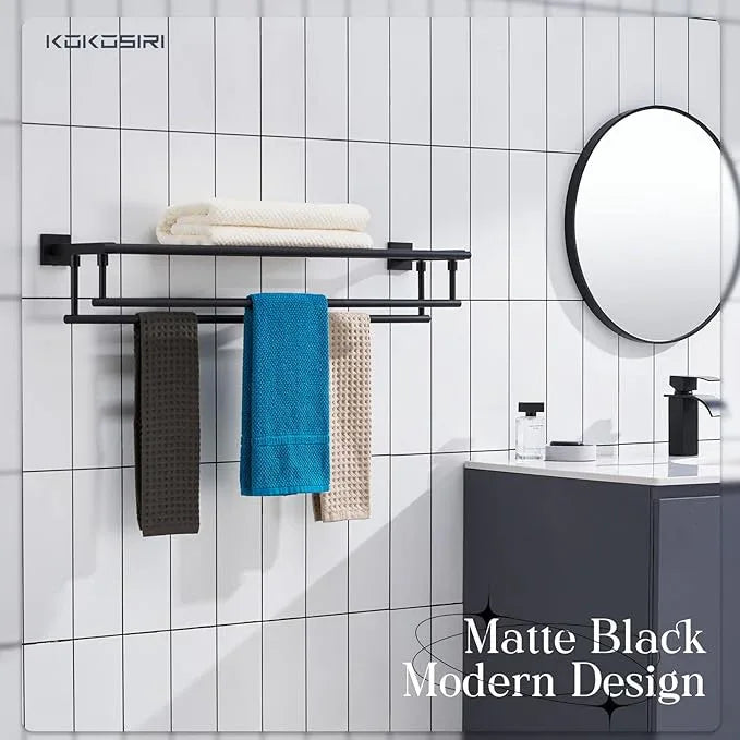 KOKOSIRI Bath Towel Rack with Double Towel Bars 32-Inch Bathroom Towel Shelves Towel Holder Wall Mounted Stainless Steel, Matte Black, B6005BK-L32 - ModernBath
