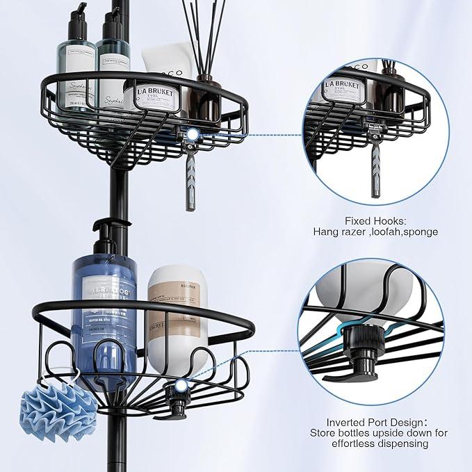 Corner Shower Caddy Tension Pole: Stainless Steel Rustproof 4-Tier Shower Organizer - 47-121 inch Adjustable Bathroom Shelves for Bathtub Shampoo Storage - Tension Rod Floor Standing Bath Rack - Black - ModernBath