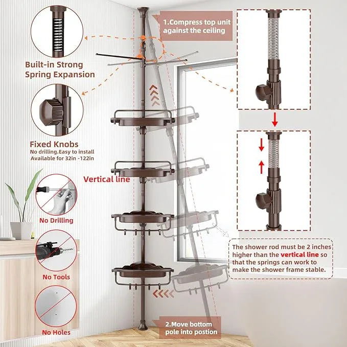 32-122inch Corner Shower Caddy Tension Pole Brown, Rustproof Drill-Free Shower Shelves for Bathroom Bathtub Washbasin, Adjustable Shower Organizer with 4 Tier Patent Stable Shelves & Towel Bars - ModernBath