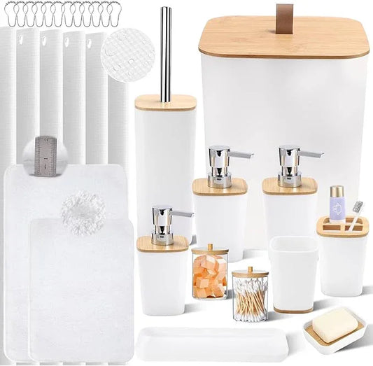 XLHOMO Bathroom Sets with Shower Curtain and Rugs, 27PCS White Bathroom Accessories Set with Trash Can, White Shower Curtain Set, No Slip Super Absorbent Bathroom Rugs - ModernBath