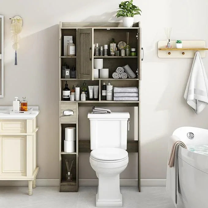 Farmhouse Storage Cabinet Over Toilet with 2 Barn Doors & Toilet Paper Holder Stand, Space-Saving Bathroom Rack - ModernBath