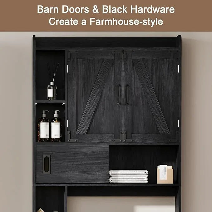 ChooChoo Over The Toilet Storage Cabinet, Farmhouse Bathroom Storage Cabinet with Sliding Door, Over Toilet Storage with Adjustable Shelves, Space-Saving, Black - ModernBath
