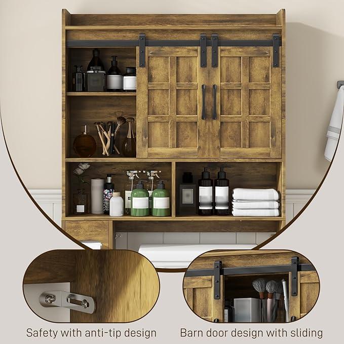 Over The Toilet Storage Cabinet, Farmhouse Storage Cabinet Over Toilet with Sliding Doors，Home Space-Saving Toilet Rack, for Bathroom, Restroom, Laundry(Brown - ModernBath