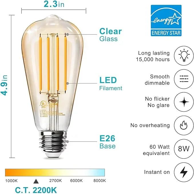 TJOY 6 Pack Vintage 8W ST58 LED Edison Amber Light Bulbs, 60W Equivalent, 800 Lumens, 2200K Soft White, Dimmable, E26 Base LED Filament Bulbs, CRI80+, Antique Glass Style for Home, Bedroom - ModernBath