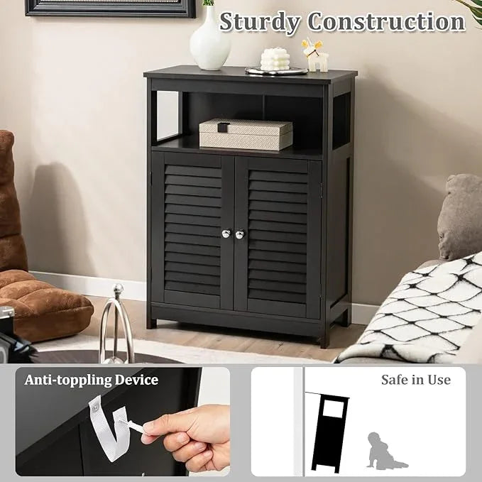Tangkula Bathroom Floor Cabinet, Wooden Freestanding Storage Cabinet with Double Shutter Door & Adjustable Shelf, Storage Cabinet for Bathroom Living Room (Black) - ModernBath