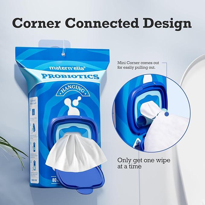 matern'ella Hanging Flushable Wipes Unscented Extra Large Corner-Connected Wet Wipes Adult Plant Based Fibers with Probiotics Alcohol Free Sewer Safe Butt Wipe Travel 3 Packs of 80 Wipes - ModernBath