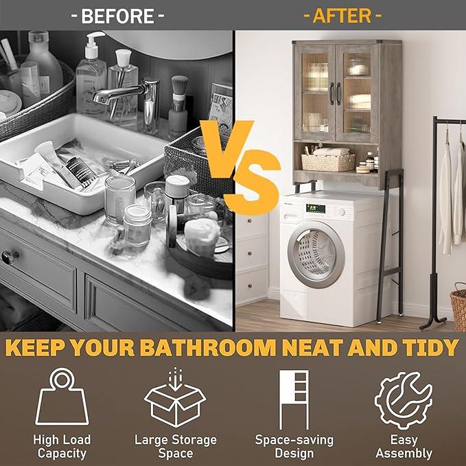 Over The Toilet Storage Cabinet with Tempered Glass Doors and Adjustable Shelf, Bathroom Organizer with Metal Stand Space Saver Over Toilet , Modern Toilet Rack for Bathroom, Restroom, Laundry, Grey - ModernBath