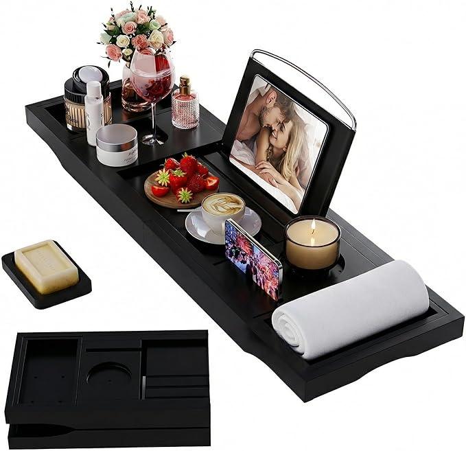Foldable Bathtub Caddy Tray, Bamboo Bath Tub Tray Table for Tub with Wine Glass Holder Book Phone Tablet Holder with Extending Sides, Adjustable Bathroom Bathtub Free Soap Holder Gift Idea (Black) - ModernBath