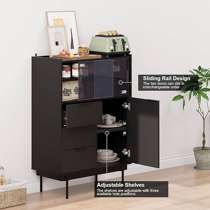 MEISSALIVVE Sideboard Cabinet, 31.5" x 45" Buffet Cabinet with Storage, Black Sideboard with 2 Sliding Doors & 3 Drawers, Coffee Bar Modern Entryway Storage for Living Room, Bedroom, Kitchen - ModernBath