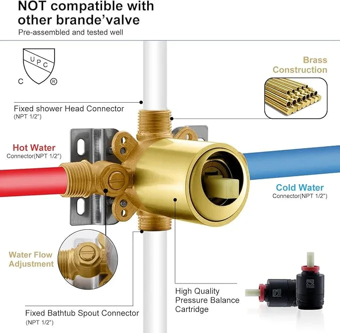 KENES Brushed Gold Tub and Shower Trim Kit, Square Tub Shower Faucet Set Complete with 10-Inch Rainfall Shower Head and Tub Spout, KE-6024A-4 (Shower Valve Included) - ModernBath
