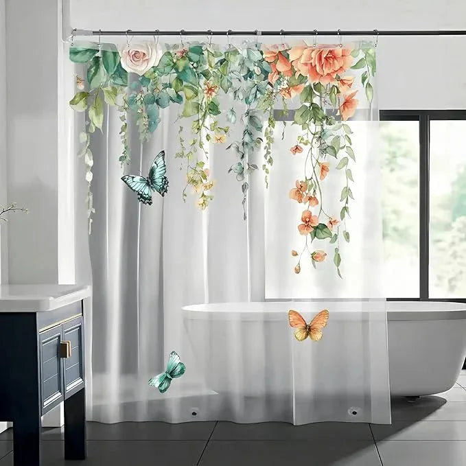 Clear Colorful Floral Butterfly Shower Curtain Liner, Plastic Pretty Pink and Orange Flower Green Eucalyptus Leaf Shower Curtains for Bathroom, 72x78 Weighted Magnetic Shower Curtain Set with 12 hooks - ModernBath