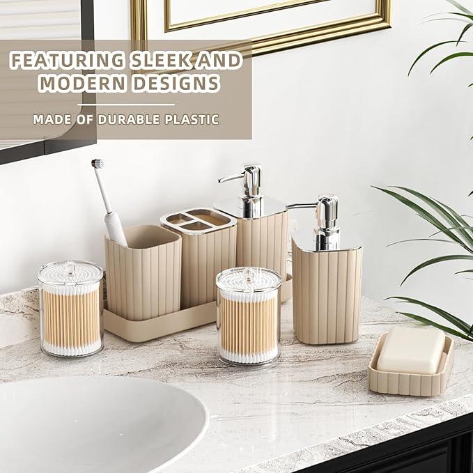XLHOMO Bathroom Accessories Set - 25PC Bathroom Sets with Shower Curtain and Rugs, Beige Bathroom Set with Trash Can, Soap Dispenser, Soap Dish & Toilet Brush - ModernBath