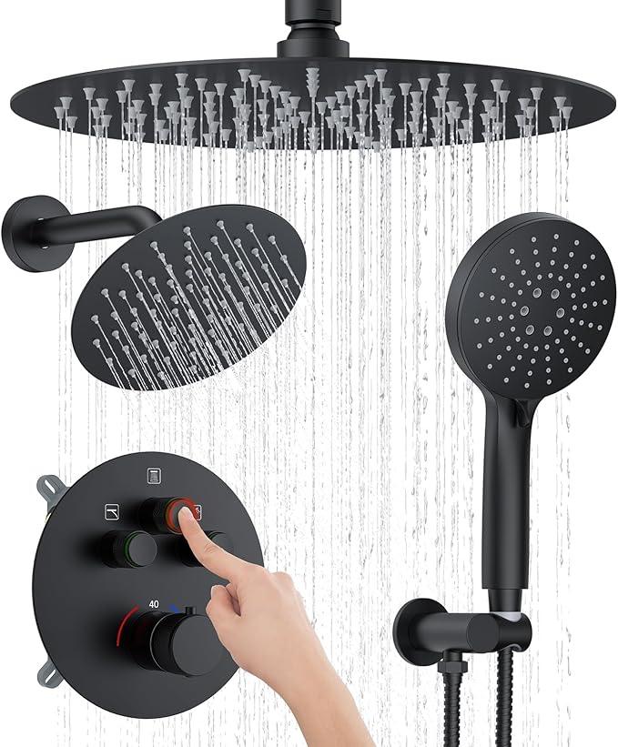 KOJOX Matte Black Thermostatic Shower System, Push Button Diverter Shower Faucet Set with 12" Ceiling Mount Rain Shower, 8" Wall Mount Shower Head, and 3-in-1 Handheld Spray - ModernBath